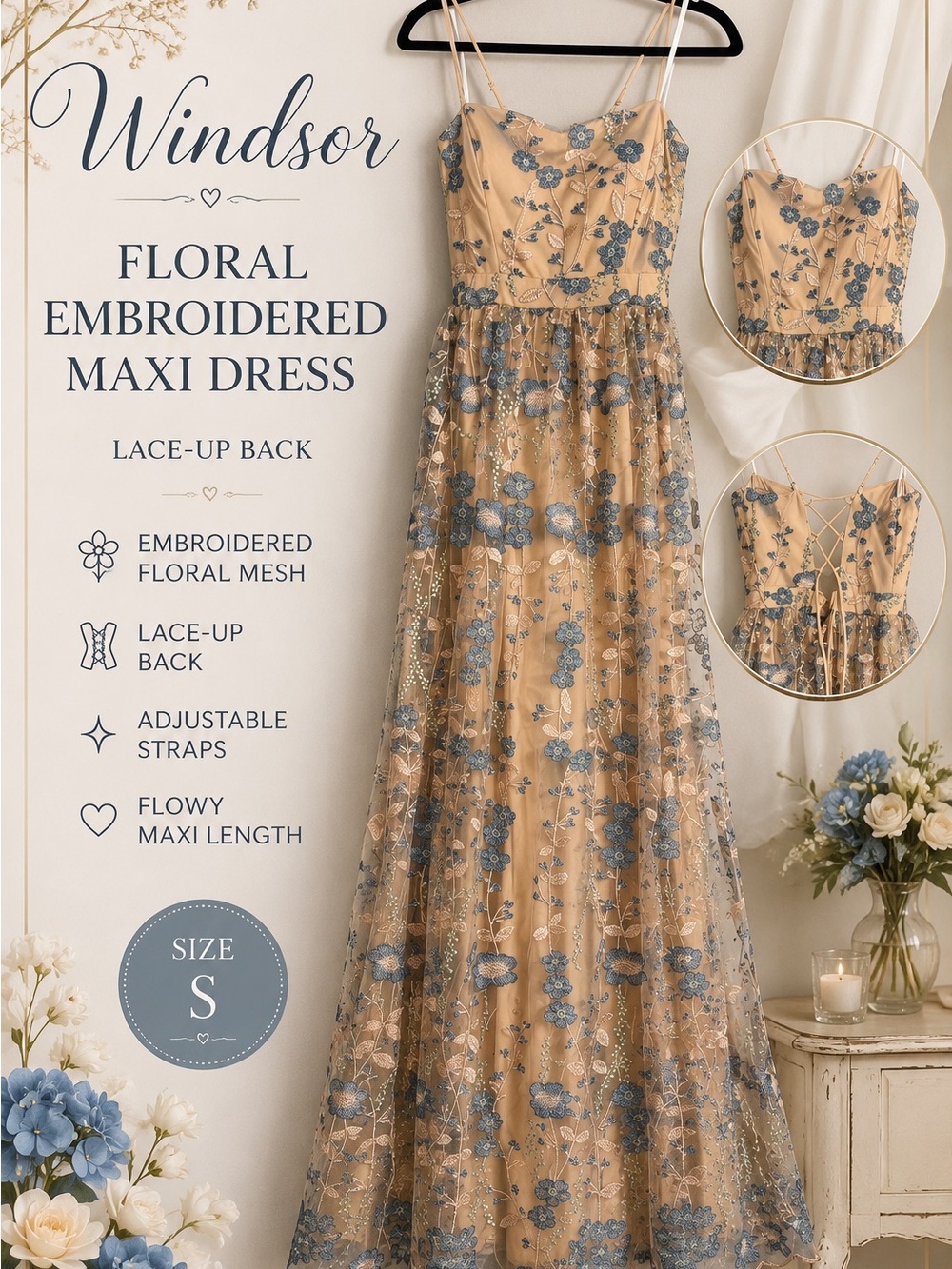 Windsor Embroidered Floral Mesh Lace-Up Back Maxi Dress Small